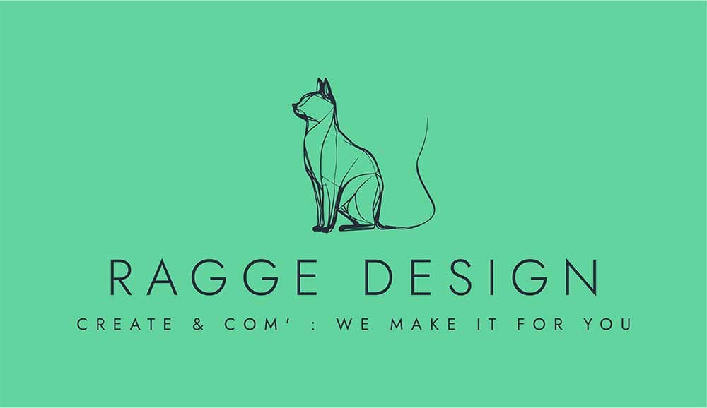 Logo Ragge Design avec esquisse de chat : "Create and com' : we make it for you"